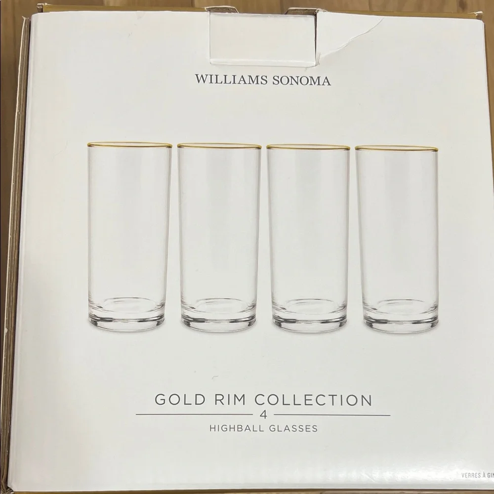 NEW Williams Sonoma Clear Highball Glasses with 24k Gold Rim detail, Set of 4
